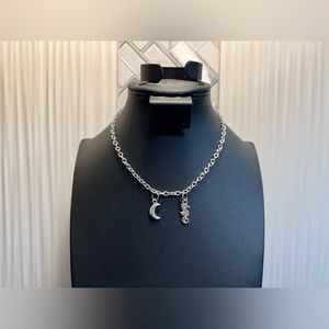 Moon and Seahorse Silver Tone Charm Necklace